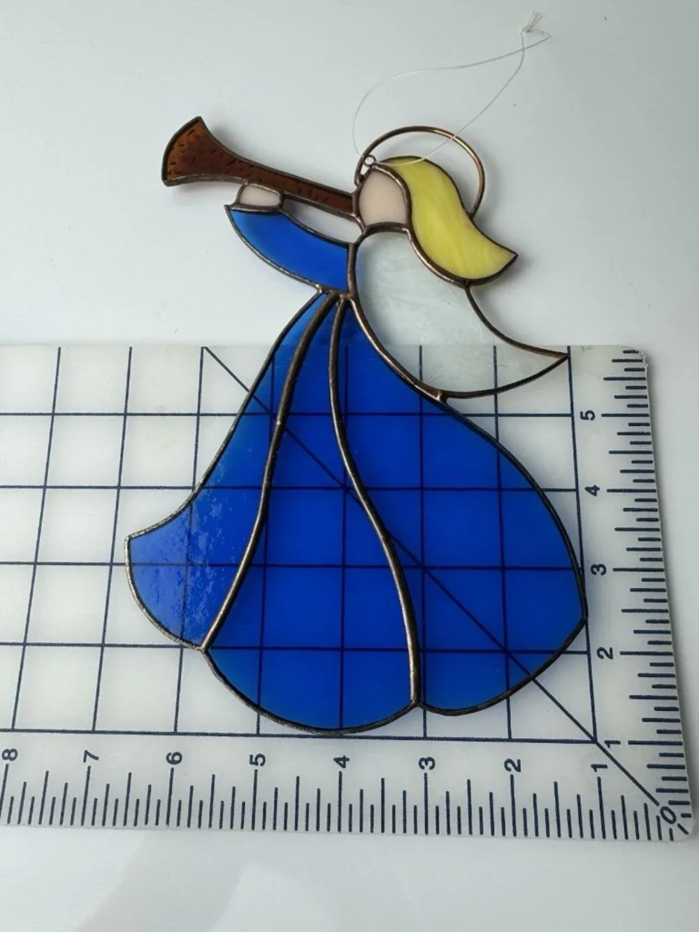 VTG Stained Glass Sun Catcher Angel w/Horn Ornament Handcrafted Christmas 9.5”